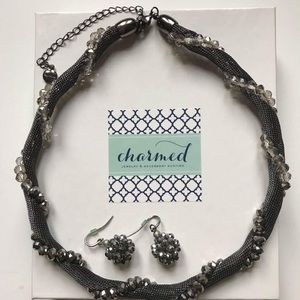 Grey crystals and mesh necklace and earrings set